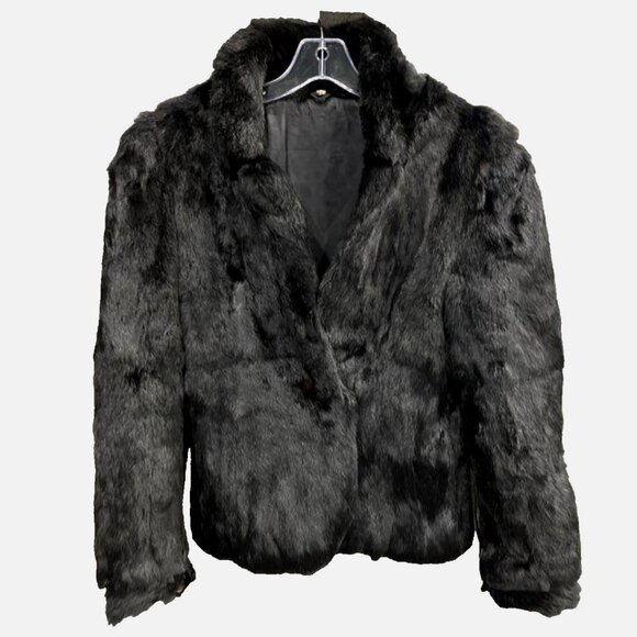 Vintage Black Rabbit Fur Coat Woman's Small Mobwife Cropped Bomber Jacket - Picture 1 of 6